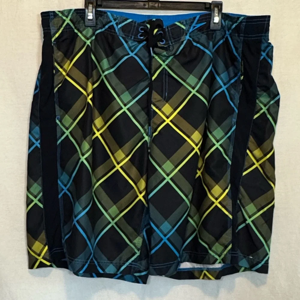G-45 Men’s Speedo Black‎ Blue & Yellow Lined Summer Board Shorts Size XL